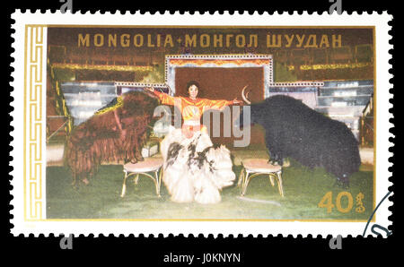 Briefmarke gedruckt von Mongolei, das Circus zeigt abgebrochen. Stockfoto