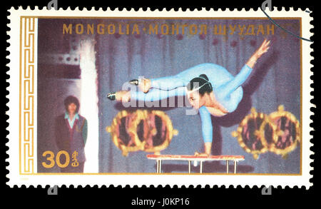 Briefmarke gedruckt von Mongolei, das Circus zeigt abgebrochen. Stockfoto