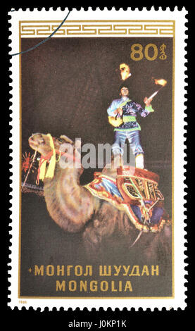 Briefmarke gedruckt von Mongolei, das Circus zeigt abgebrochen. Stockfoto