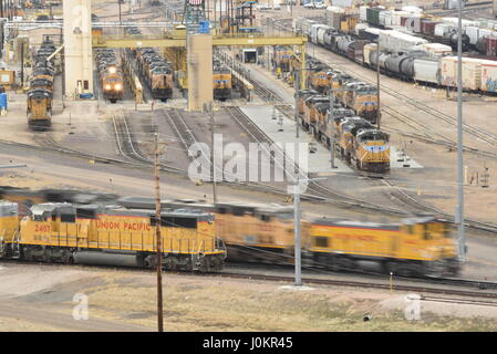 Bailey trainieren Hof, trainieren der weltweit größte Klassifizierung Hof, von der Aussichtsplattform am Golden Spike Tower, North Platte, Nebraska angesehen. Stockfoto