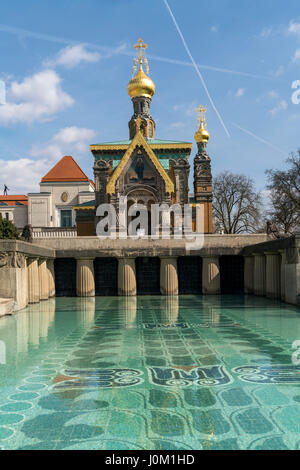 Russische Kapelle Auf der Mathildenhöhe, Darmstadt, Hessen, Deutschland | Russische Kapelle auf der Mathildenhöhe in Darmstadt, Hessen, Deutschland, Europa Stockfoto