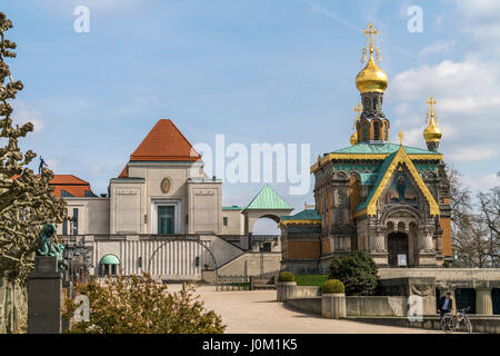 Russische Kapelle Und Ausstellungsgebäude der Worpswedern, Mathildenhöhe, Darmstadt, Hessen, Deutschland | Russische Kapelle und Künstler Kolonie Exh Stockfoto