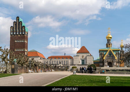 Russische Kapelle, der Künstlerkolonie Ausstellungsgebäude Und Hochzeitsturm Auf der Mathildenhöhe, Darmstadt, Hessen, Deutschland | Russische Kapelle, A Stockfoto