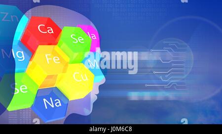 abstrakt 3d Himmelshintergrund mit Mikroelementen Kopf Silhouette und Lens flare Stockfoto