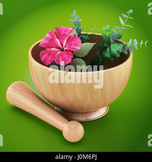 Mörser, Pistill und Blume auf grünem Hintergrund isoliert. 3D Illustration. Stockfoto