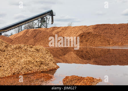 Stapel von verarbeitetem Holz Chips bereit zum Laden Stockfoto