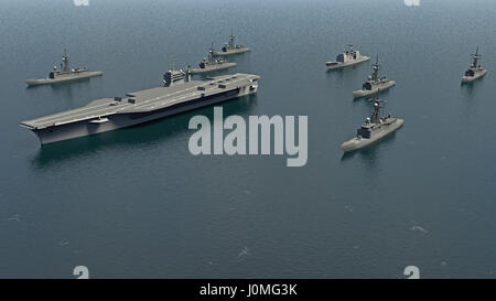 Amerikanische Flugzeugträger mit Zerstörer und ein Kreuzer im Pazifischen Ozean gegenüber Nordkorea. 3D-Rendering Stockfoto