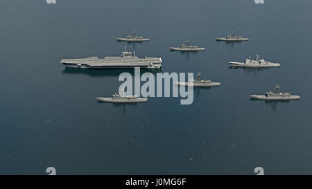 Amerikanische Flugzeugträger mit Zerstörer und ein Kreuzer im Pazifischen Ozean gegenüber Nordkorea. 3D-Rendering Stockfoto