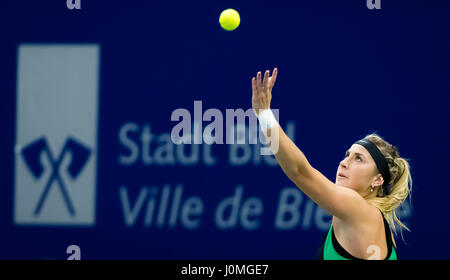 BIEL, Schweiz - 11 APRIL: Belinda Bencic in Aktion beim Tennisturnier 2017 Ladies Open Biel WTA International Stockfoto