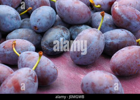 Pflaumenmus, Pflaume (Damaskus) Früchte liegen auf lackierten Textil-Hintergrund Stockfoto