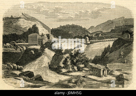 Antiken 1854 Gravur, "Mineral-Bäder in Gastein in Deutschland." Bad Gastein (ehemals Badgastein) ist eine Kurstadt im Bezirk St. Johann Im Pongau, im österreichischen Bundesland Salzburg. Malerisch gelegen in einem Hochtal der Bergkette der hohen Tauern, ist es für die Gasteiner Wasserfall und eine Vielzahl der Belle ƒpoque Hotelgebäude bekannt. QUELLE: ORIGINAL GRAVUR. Stockfoto