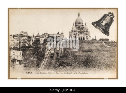 Paris Montmartre historische B&W Sepia-Aussicht auf die Basilika Sacré Coeur und die Standseilbahnen auf der Schiene Montmartre Paris Frankreich aus dem Jahr 1900 Stockfoto