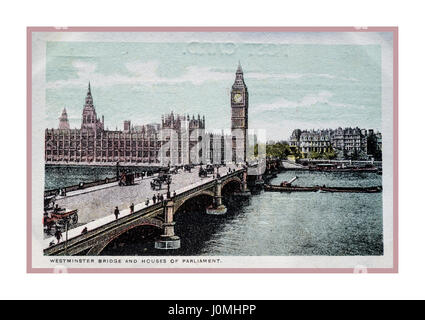 Jahrgang 1900 Reisen Retro-Farb Postkarte der Westminster Bridge und Houses of Parlament London UK Stockfoto