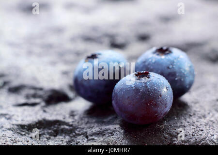 Heidelbeere (nördliche Schneeball Blueberry) Früchte auf dunkel bemalten Stein mit Wassertropfen Stockfoto