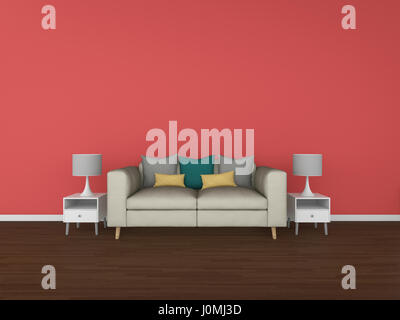 3D Rendering Wohnzimmer isoliert auf farbigen Hintergrund, innen Abbildung Stockfoto
