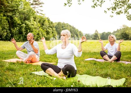 Drei Menschen, die Yoga in das Feld ein. Stockfoto