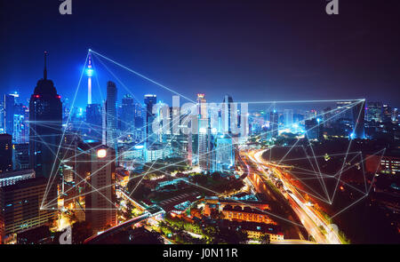 Schöne Stadt Skyline Blick mit Netzwerk-Verbindung-Konzept, Kuala Lumpur, Malaysia. Stockfoto