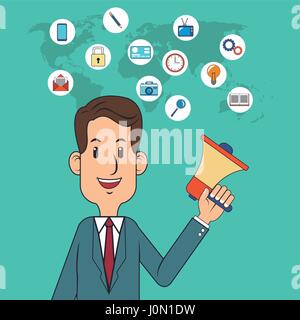 Digital marketing Konzept-Mann-Betrieb mit Lautsprecher Stock Vektor