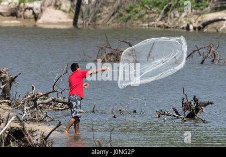 Ein Mann von einem Fluss mit einem Netz fischen. Texas, USA Stockfoto