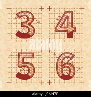 Mittelalterliche Erfinder Skizzen von 3 4 5 6 Buchstaben. Retro-Stil-Schriftart auf dem alten gelben strukturierten Papier Stock Vektor