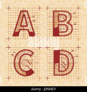 Mittelalterliche Erfinder Skizzen von A B C D Buchstaben. Retro-Stil-Schriftart auf dem alten gelben strukturierten Papier Stock Vektor