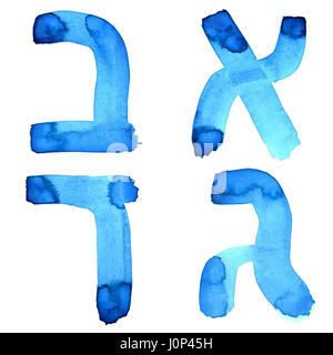 Blauen Aquarell Buchstaben des hebräischen Alphabets Stockfoto