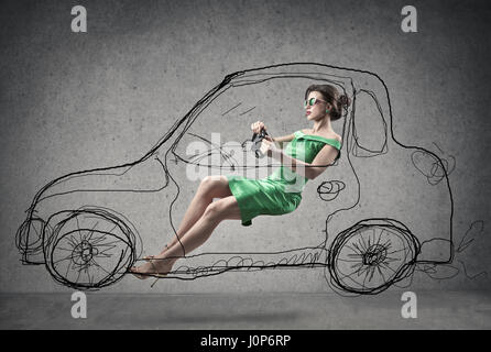 Elegante Frau gezeichnete Steuerwagen Stockfoto