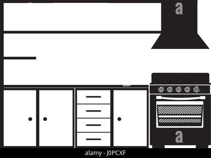monochrome Silhouette der modernen Küche-Kabinette mit Kaminofen Stock Vektor