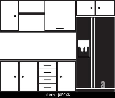 monochrome Silhouette der modernen Küche-Kabinette mit Kühlschrank Stock Vektor