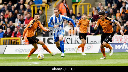 Glenn Murray von Brighton wird nach vorne, während der Himmel Bet Meisterschaftsspiel zwischen Wolverhampton Wanderers und Brighton und Hove Albion bei Molineux in Wolverhampton. 14. April 2017.EDITORIAL verwenden nur FA Premier League und Fußball-Liga Bilder unterliegen DataCo Lizenz siehe www.football-dataco.com Stockfoto