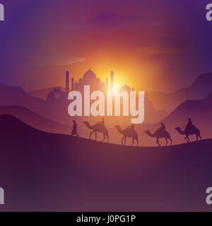 Abbildung der arabischen Landschaft mit Moschee Wüste arabischen und islamischen Banner Hintergrund Eid Mubarak Kamel Stock Vektor