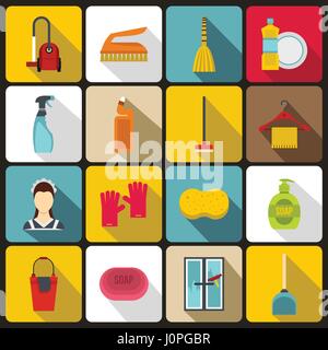 Haus Reinigung Icons set, flach Stil Stock Vektor