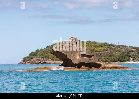 Echte Karettschildkröte Rock ist eine Felsformation aus der West Küste von Antigua in der Nähe der Stadt von fünf Inseln Dorfes.  Der Name stammt von der Ähnlichkeit, die echte Karettschildkröte. Stockfoto