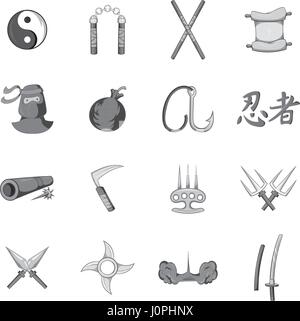 Ninja-Icons set, Stil Monochrom Schwarz Stock Vektor