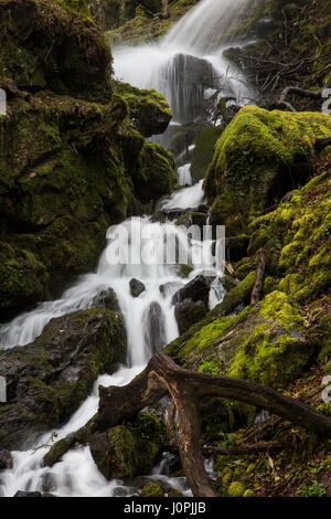 Ein Wasserfall nach unten kaskadieren Moos Felsen bedeckt. Stockfoto