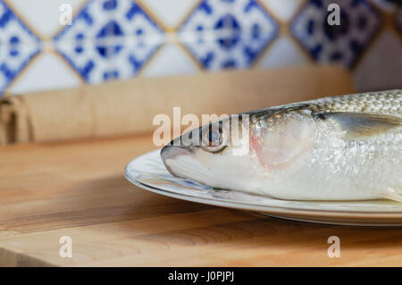 Gestreifte Meerbarbe Meeräsche enthält Omega-3 Fettsäuren, Vitaminen und Mineralstoffen. Meeräsche auf Platte zum Kochen bereit liegen. Stockfoto