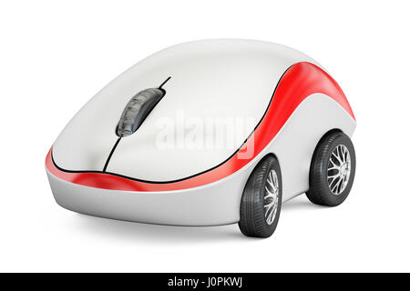 Computer-Maus auf Pkw-Räder, 3D-Rendering isolierten auf weißen Hintergrund Stockfoto