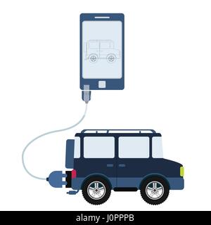 4 x 4 Auto an ein Handy über ein USB-Kabel angeschlossen. Überblick über das Auto auf dem mobilen Monitor angezeigt wird. Flaches Design. Isoliert. Stock Vektor