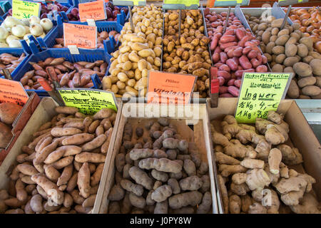 Wochenmarkt, Marktstand, frisches Gemüse, Kartoffeln, verschiedene Sorten, Zwiebeln, Stockfoto