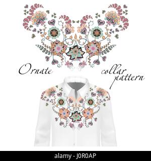 Blumenmuster auf Kragen, Hals print. Kragen-Muster auf Shirt Mock-up. Abstrakte Handzeichnung Blumen Ornament. Vektor-Illustration. Zart blau beige Stock Vektor