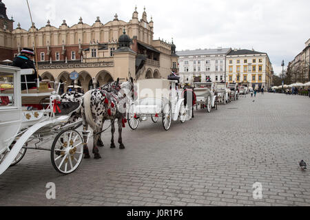 Prozession von Pferden und Kutschen bietet Touren in Krakau, Polen Stockfoto