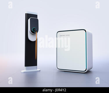 Elektrofahrzeug, Ladestation und Akku auf Farbverlauf Hintergrund. 3D-Rendering Bild. Stockfoto