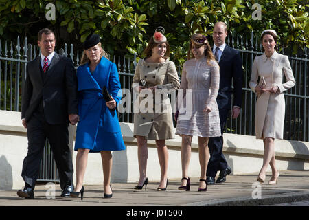 Windsor, UK. 16. April 2017. Mitglieder der königlichen Familie kommen, um den Ostersonntag Service an Str. Georges Kapelle in Windsor Castle zu besuchen. Bildnachweis: Mark Kerrison/Alamy Live-Nachrichten Stockfoto