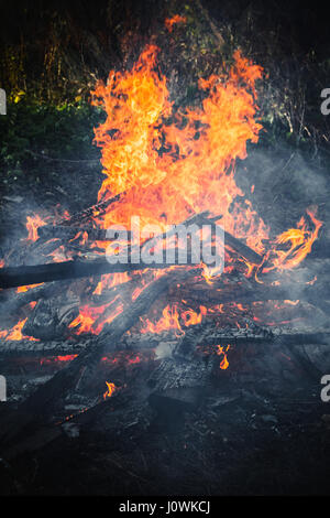 Nahaufnahme der vertikalen Foto von Brennholz in großen Feuer brennen Stockfoto