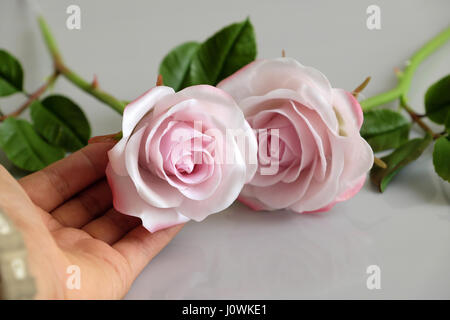 Wunderbare Ton Kunst mit Hand Frau Rosa Rosen Blume pflücken auf weißem Hintergrund, schöne künstliche Blumen von Handwerkskunst mit geschickten Stockfoto