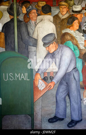 Fresko-Wandmalereien im Inneren Coit Tower zeigt eine Szene des städtischen Lebens, San Francisco, California, Vereinigte Staaten von Amerika Stockfoto