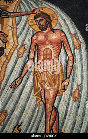 Madaba, religiöse Mosaik an den Wänden der griechisch orthodoxen Basilika von Saint George, ein 19. Jahrhundert Kirche Schätze des frühen Christentums Stockfoto