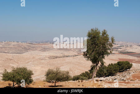 Jordanische und Wüste Landschaft gesehen von der Spitze des Mount Nebo, in der hebräischen Bibel den Ort wo Moses das gelobte Land zeigte Stockfoto