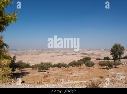 Jordanische und Wüste Landschaft gesehen von der Spitze des Mount Nebo, in der hebräischen Bibel den Ort wo Moses das gelobte Land zeigte Stockfoto