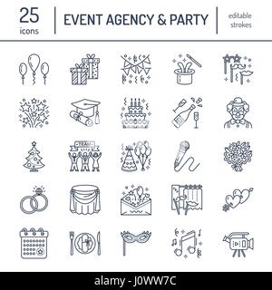 Event-Agentur, Hochzeit Organisation Vektor Liniensymbol. Partyservice, catering, Geburtstagstorte, Ballon Dekoration, Blumen-Lieferung, Einladung, Clown. Dünne lineare Zeichen der Unterhaltung, Teambildung Stock Vektor